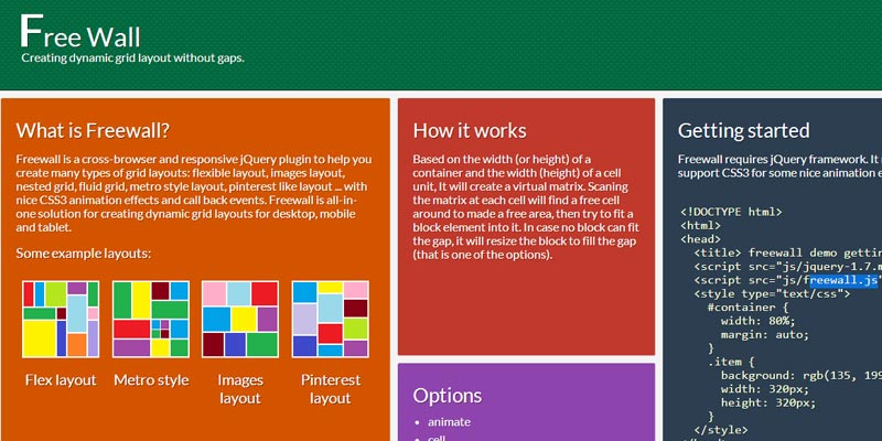 Free Wall: A free jquery plugin for responsive dynamic grid layout like Pinterest.com